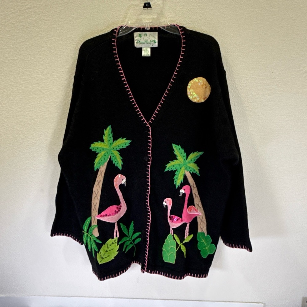 Quacker Factory Womens 2X  Embroidered Flamingo Palm Tree Black Cardigan Sweater